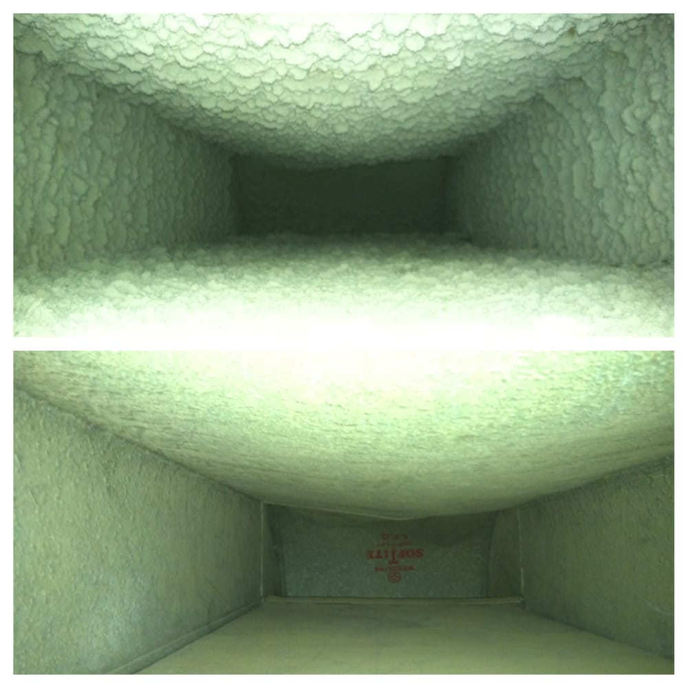 Air duct before and after cleaning, debris-lined duct cleared
