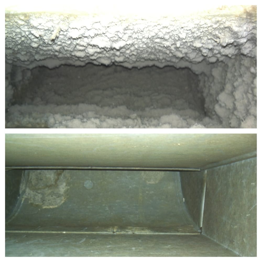 Air duct before and after cleaning, heavy dust buildup removed