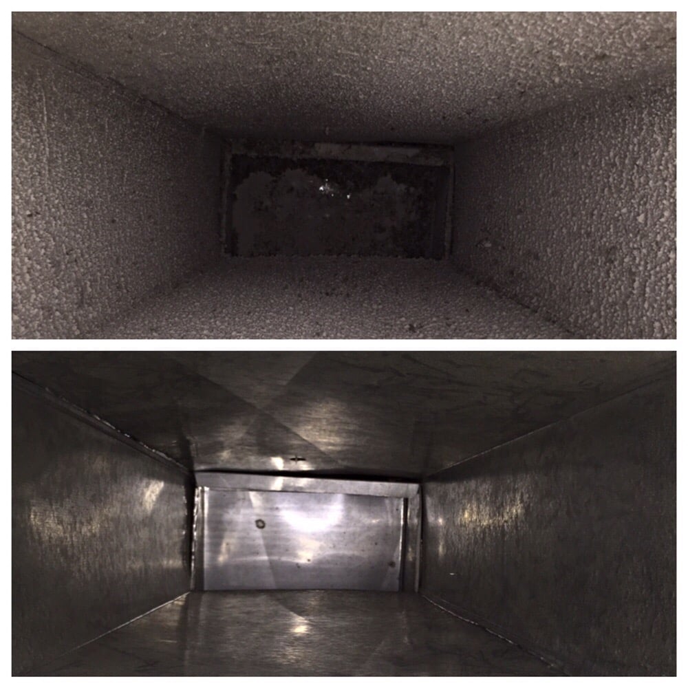 Air duct before and after cleaning, dusty duct turned clean metal